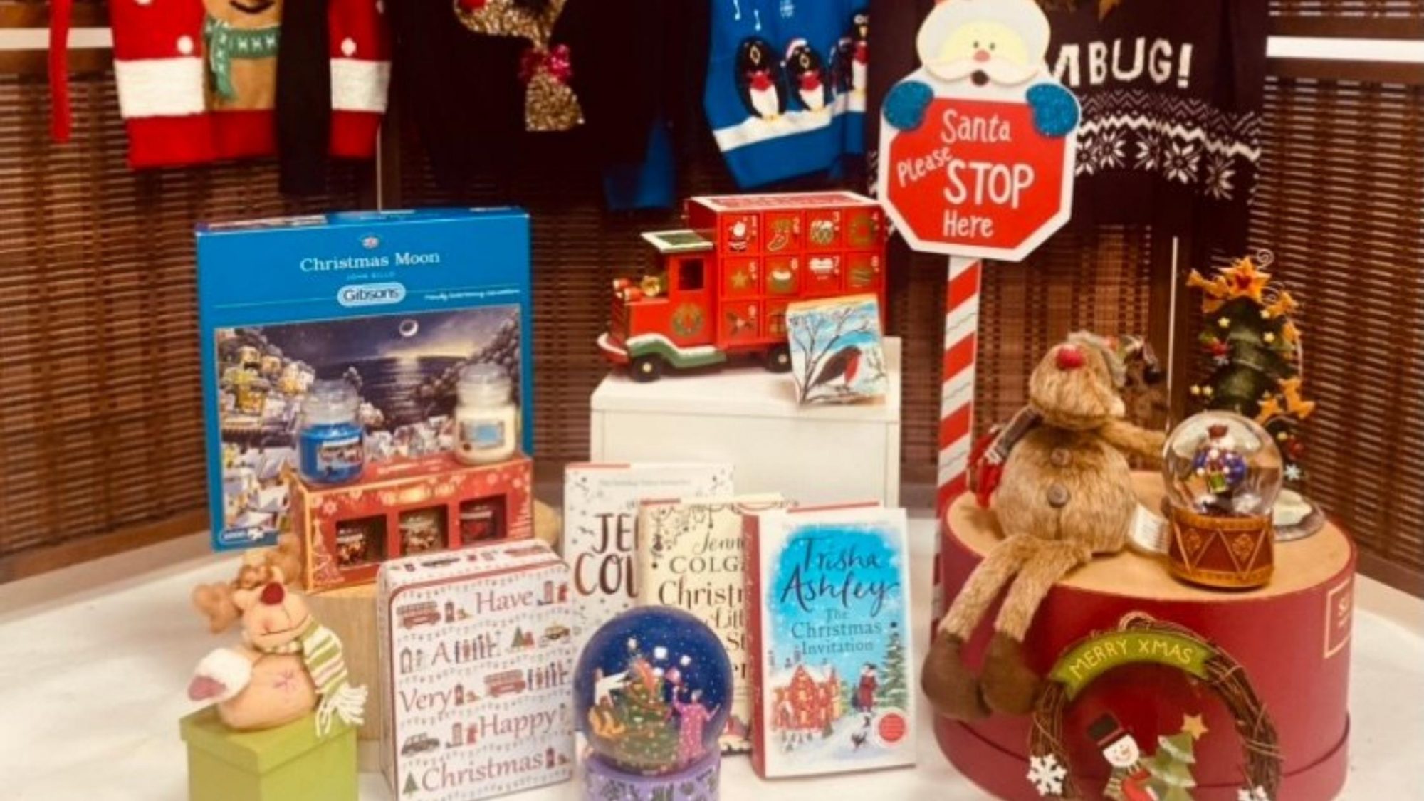 A display of Christmas themed goods.