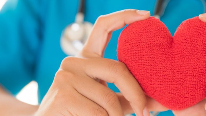 A knitted heart is held by a clinicals staff member.