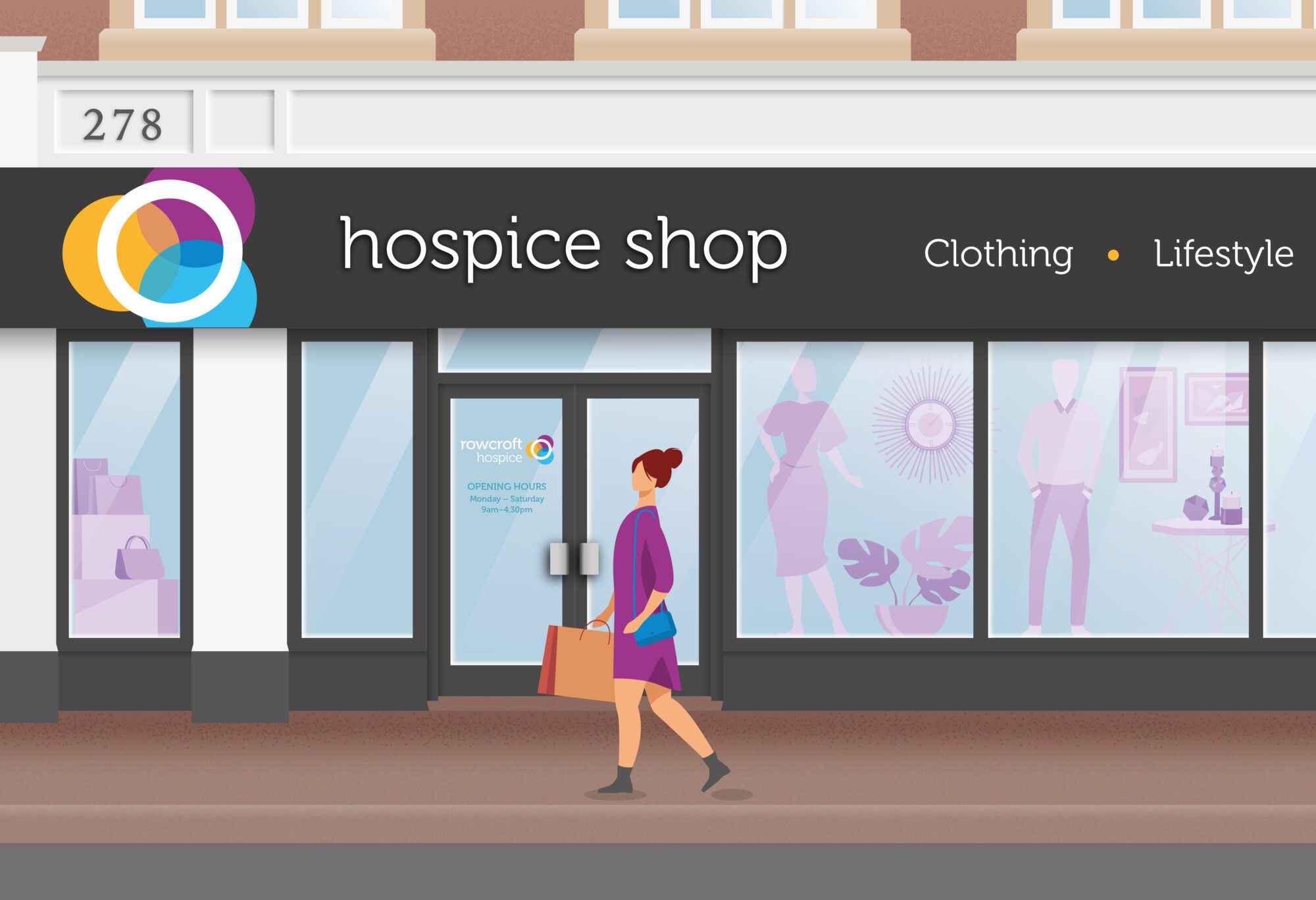 An illustration of a Rowcroft shop front, with a woman walking past holding a shopping bag