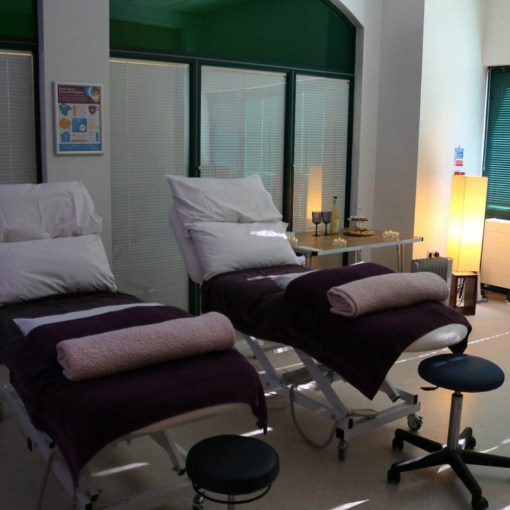 The complementary therapy room at Rowcroft Hospice set up ready for a patients massage treatments